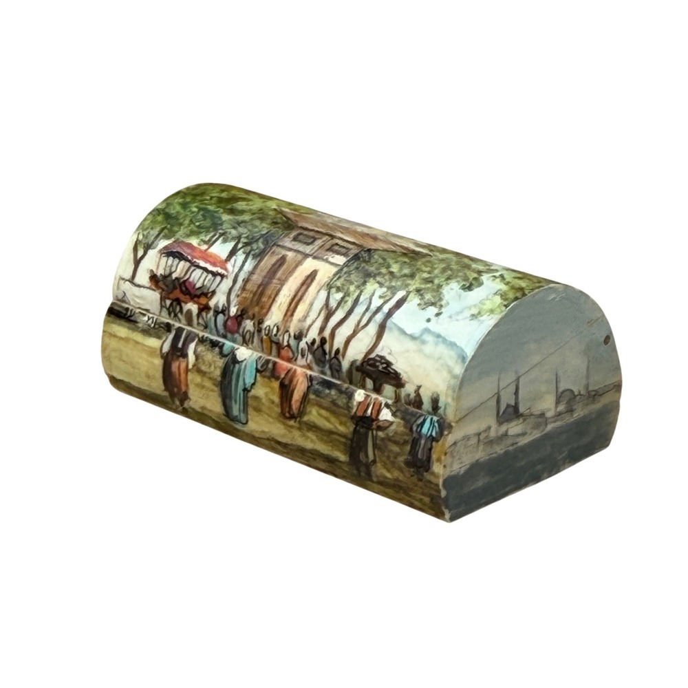 Vintage Turkish Trinket Box Hand Painted Camel Bone Istanbul Mosque Scene Small